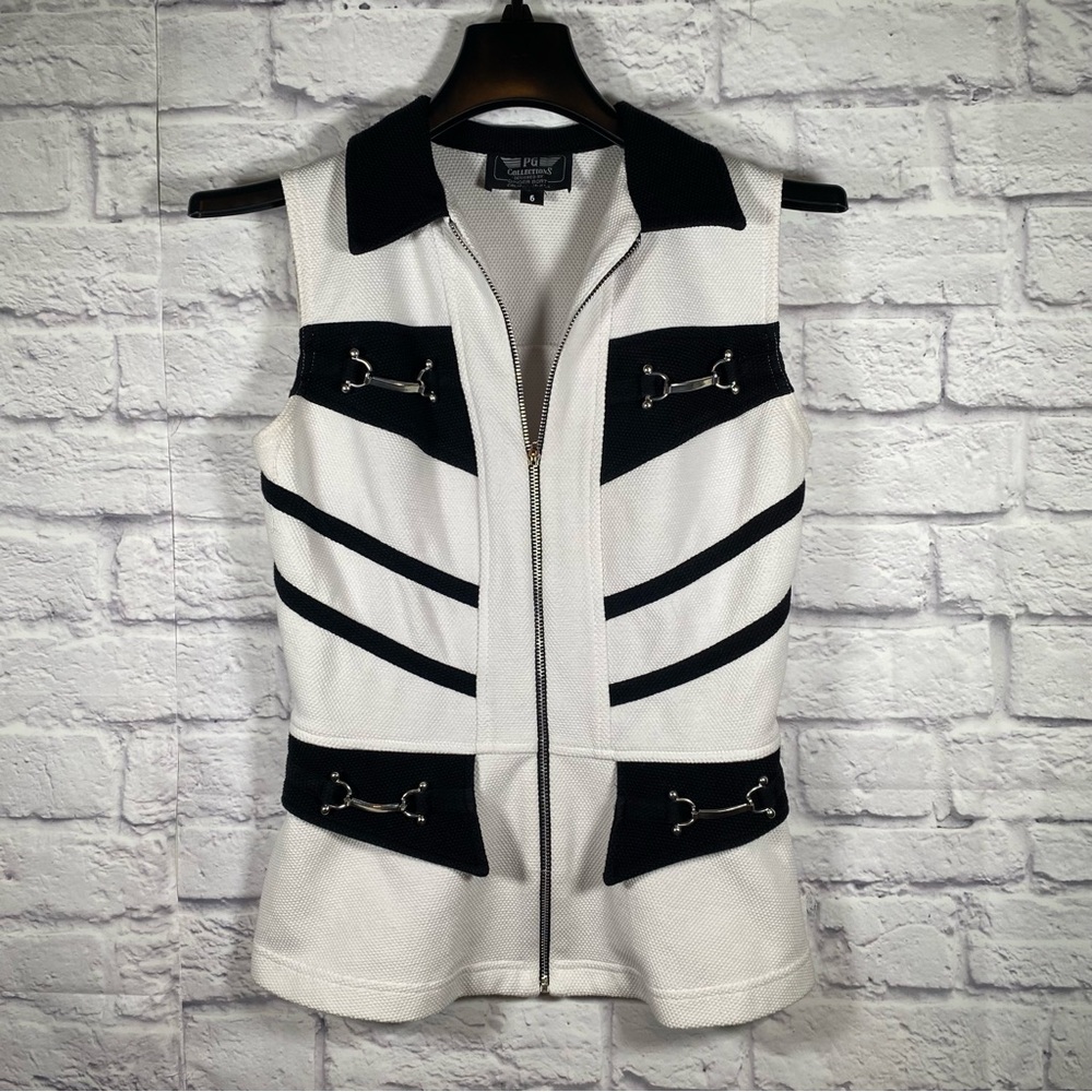 Vintage PG Collections White Vest With Black Trim & Metal Accents Size 6